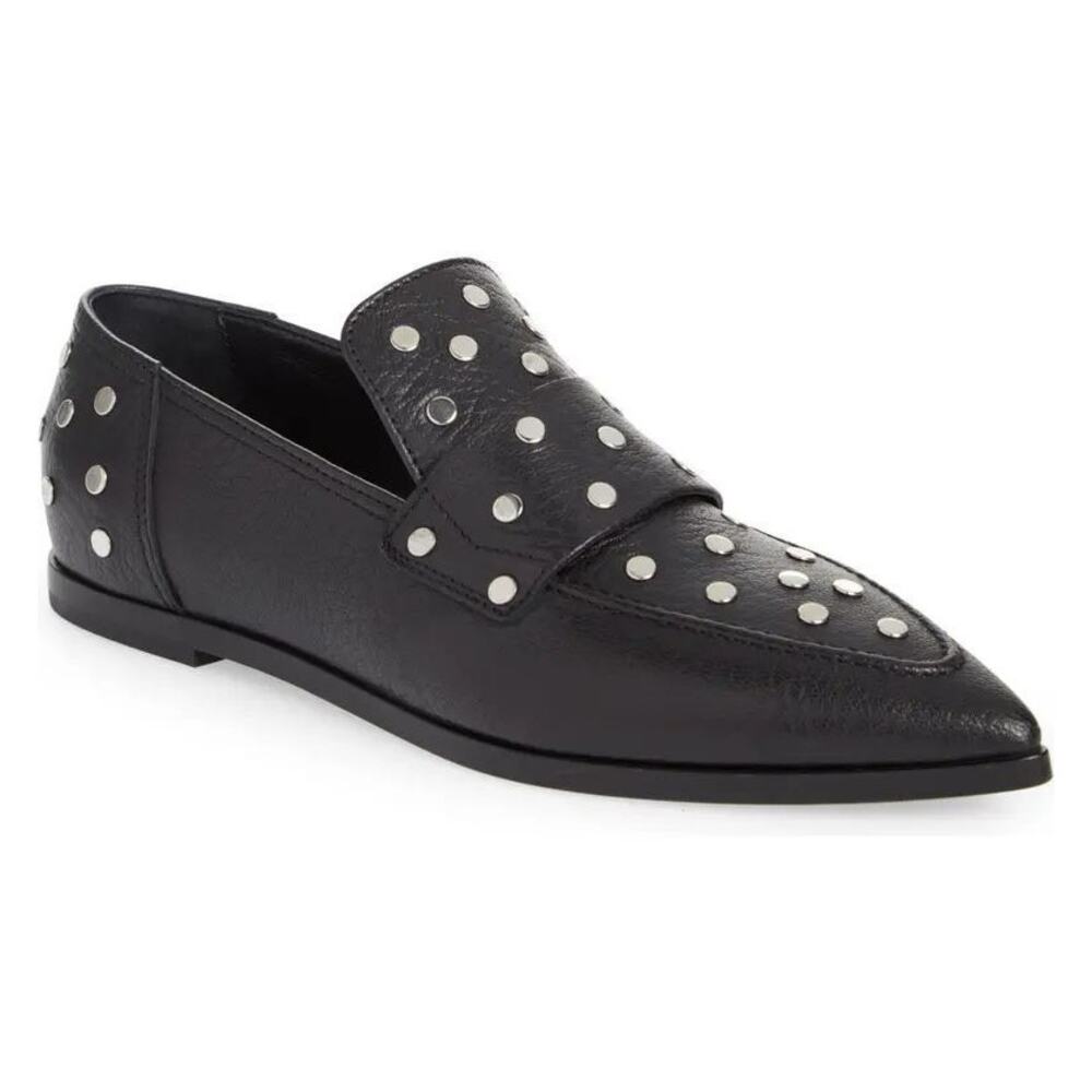 AGL Ines Black Leather Studded Pointed Toe Flat Loafers Size 37‎